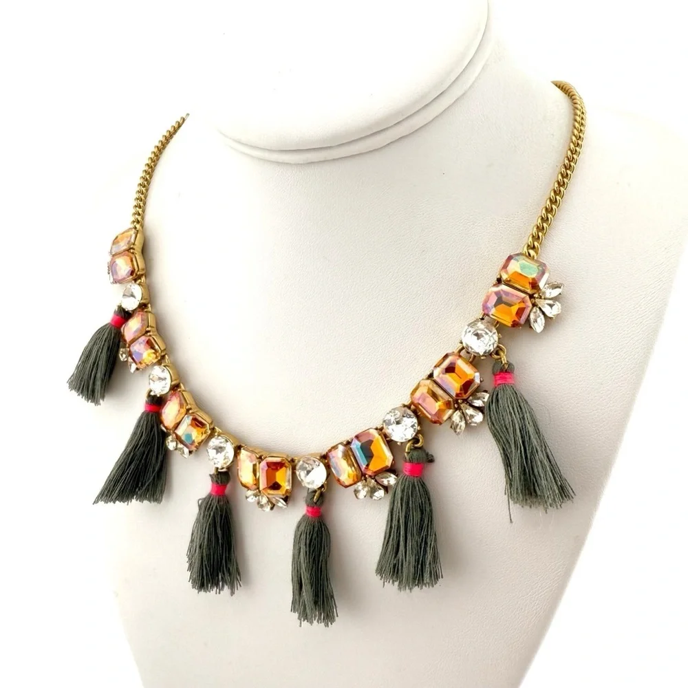 J. Crew Gold Necklace with Peach Rhinestones and Gray Tassels